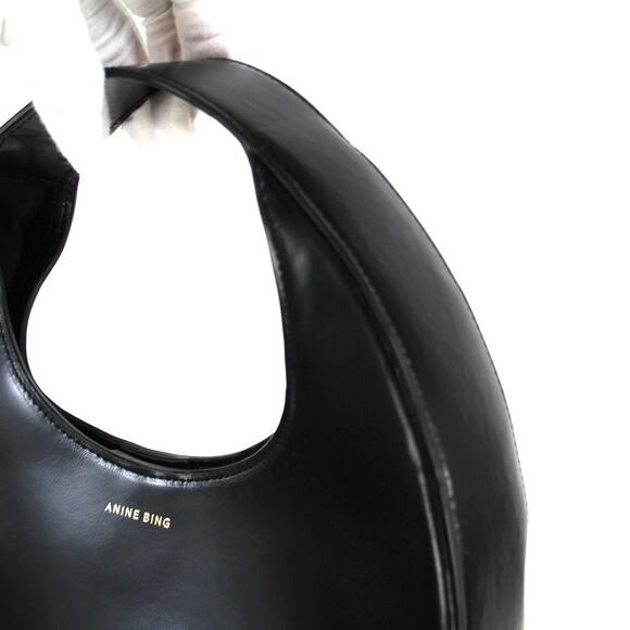 Anine Bing Luna Soft Smooth Black Leather Shoulder Handbag Gold Logo Croissant - Picture 3 of 8